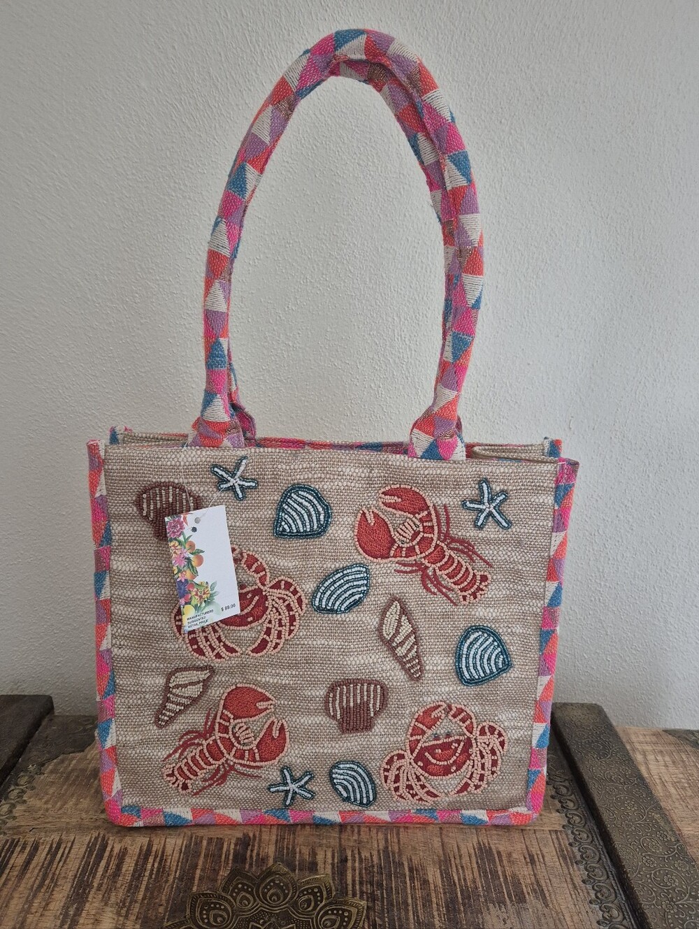Seashell Lobster Jute Tote Bag Beach Bag
